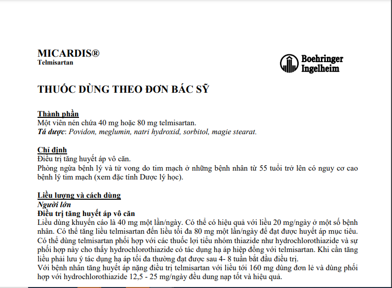 Thông tin kê toa Micardis Plus